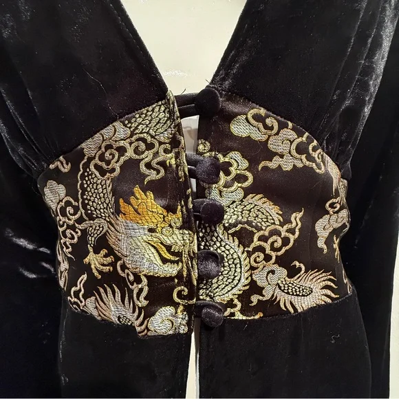 Vintage Miss Me Black Velvet Dragon Robe Size L Embroidered Waist - Picture 7 of 10